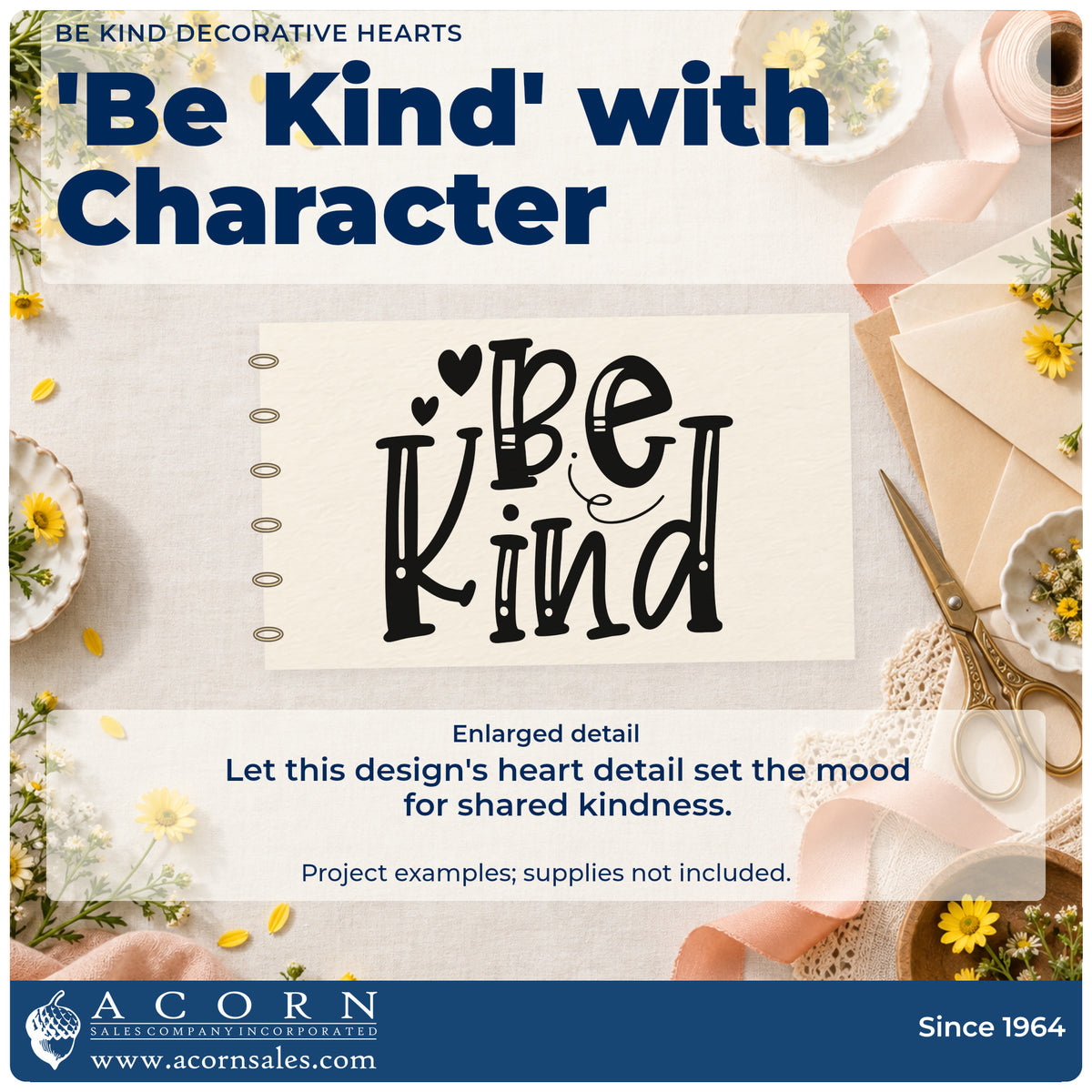 Enlarged detail of the Be Kind Duo Hand Stamp imprint. The words "Be kind" appear in large decorative lettering with two solid hearts.