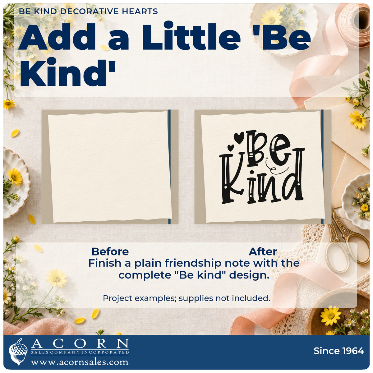Before and after of a plain item finished with the Be Kind Rubber Stamp – Wood Handle, a quick upgrade for framed lobby wall.