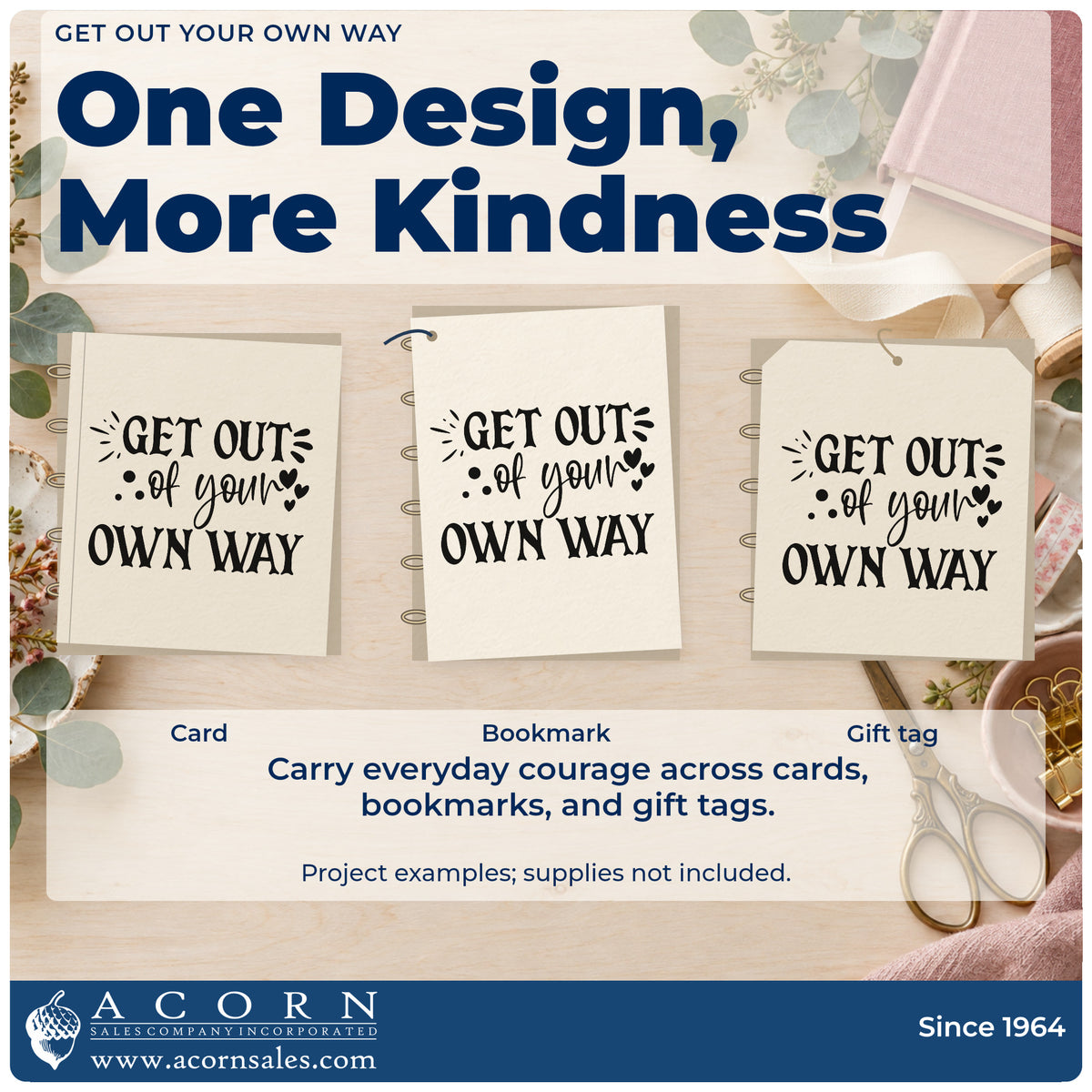 Three project examples made with the Get Out Your Own Way Stamp – Self-Inking, including daily word sheet.