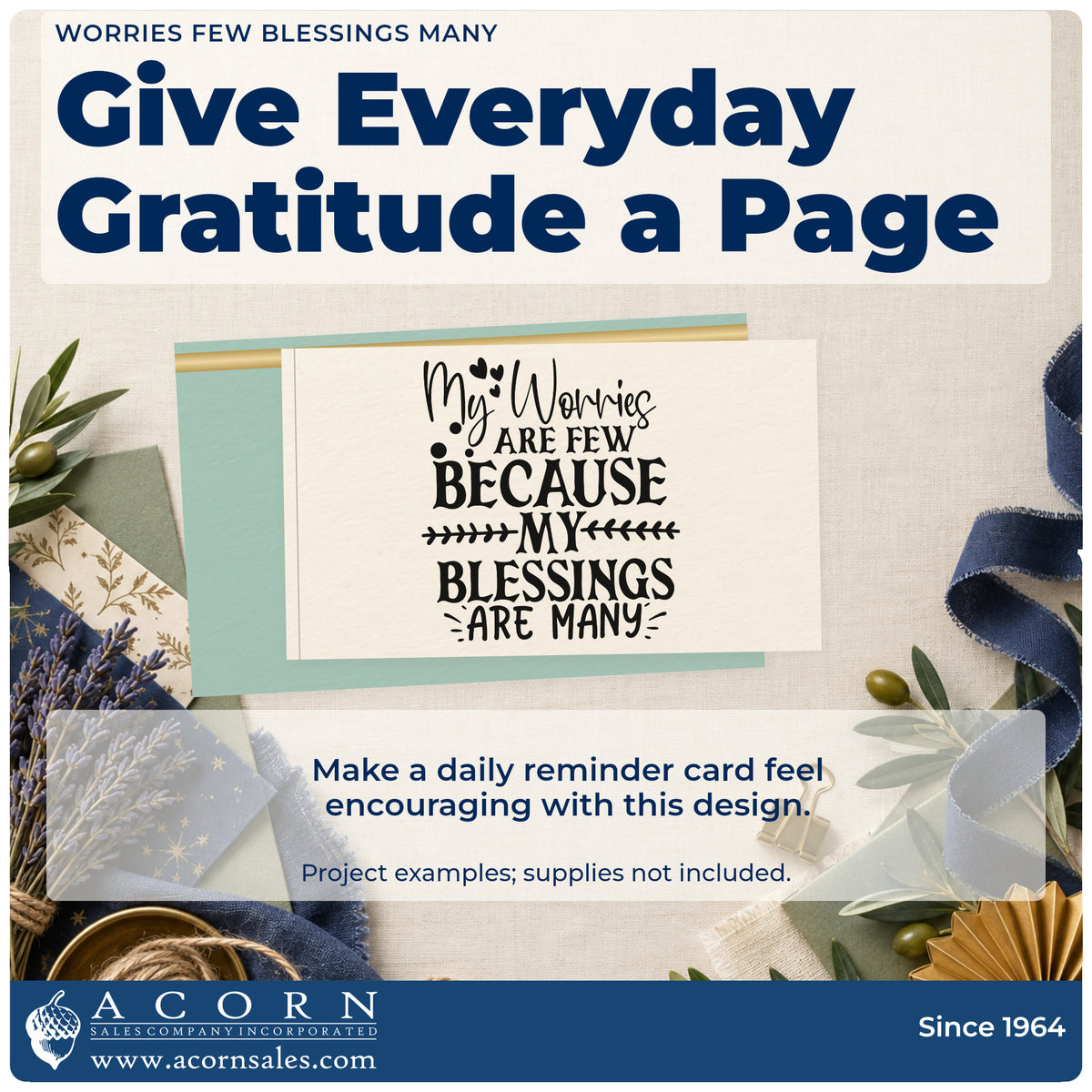 A finished handmade project stamped with the My Worries Are Few Because My Blessings Are Many Premium Wood-Mounted Stamp – Vintage Pro, ideal for thanksgiving album page.