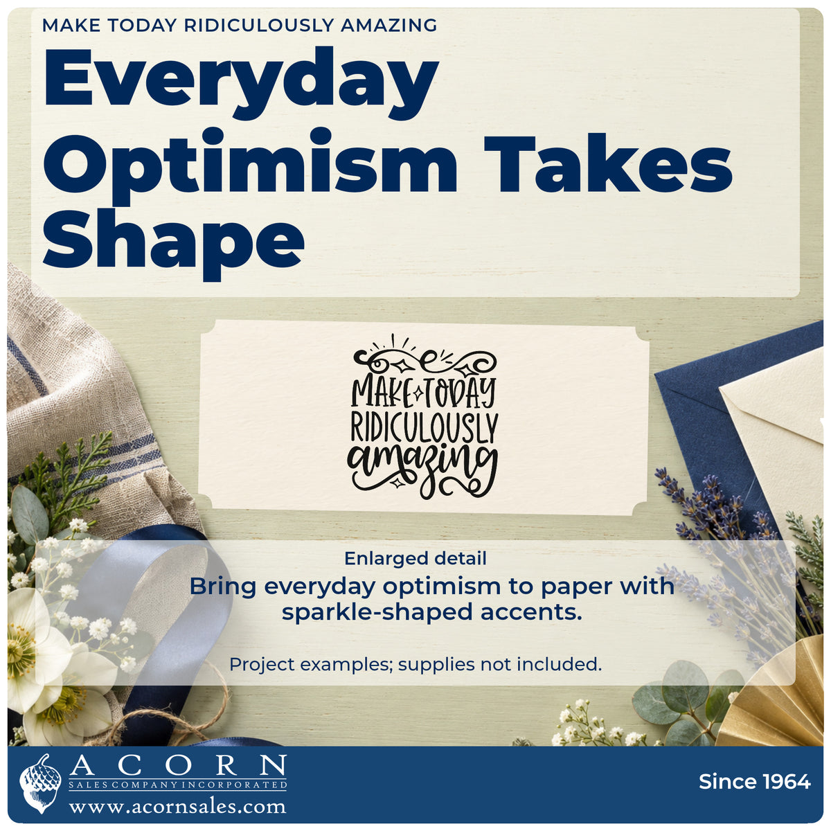 Enlarged detail of the Make Today Ridiculously Amazing Slim Pre-Inked Stamp imprint. The phrase "Make today ridiculously amazing" includes an ornate top flourish and small diamond sparkles.