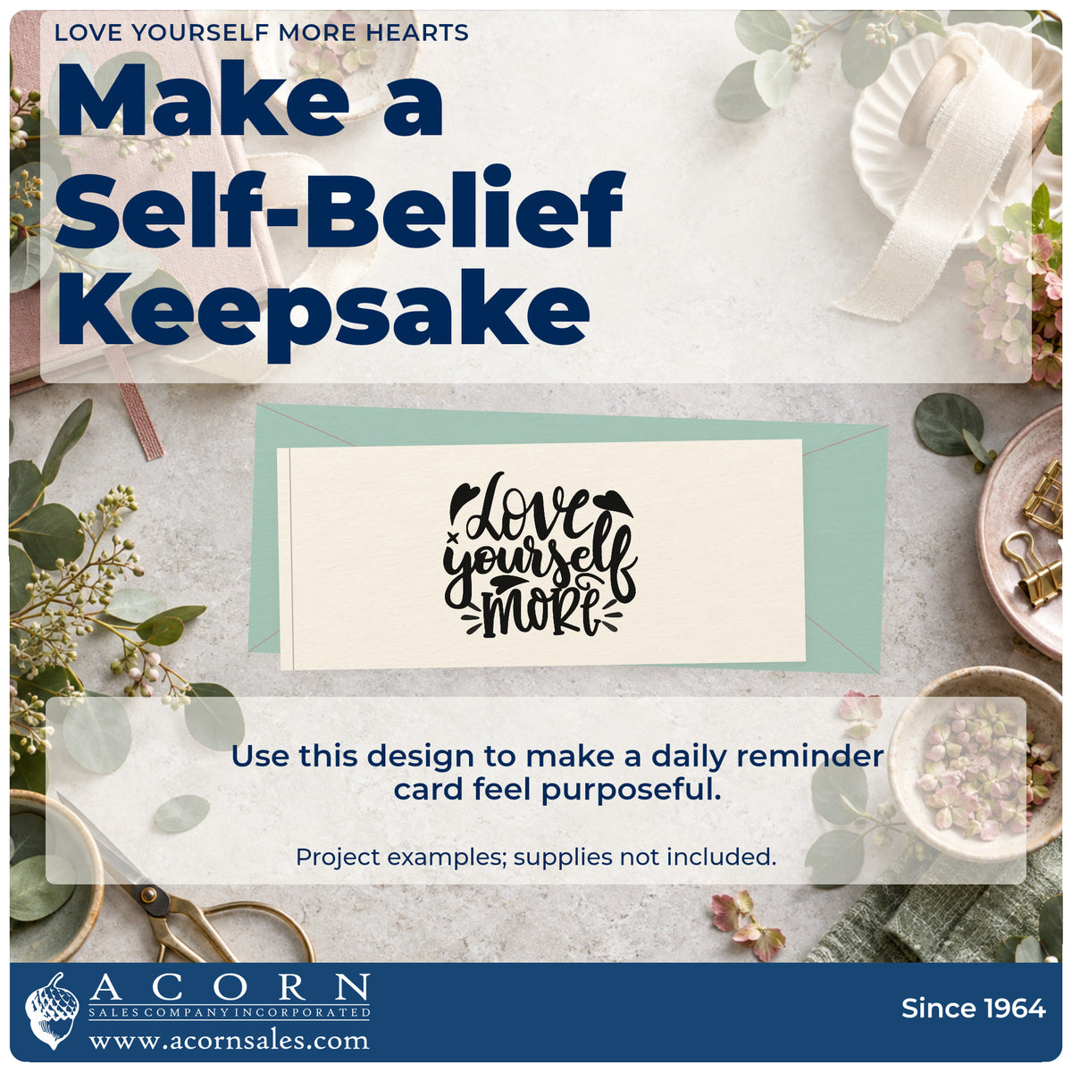 A finished handmade project stamped with the Love Yourself More Craft Stamp – Self-Inking, ideal for practice album page.