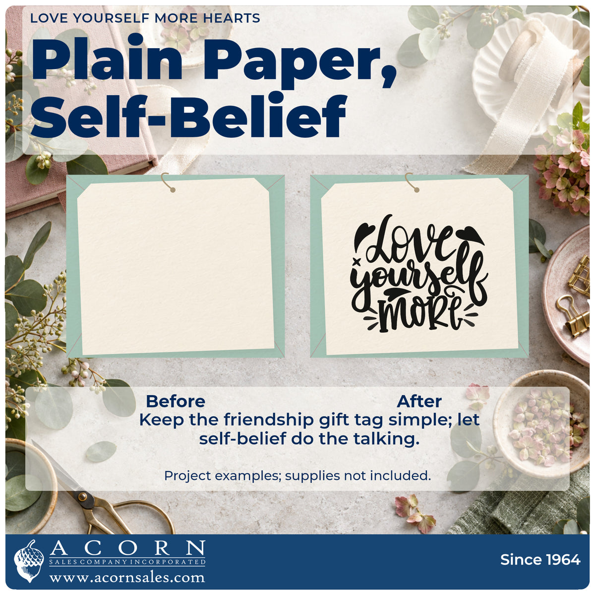 Before and after of a plain item finished with the Love Yourself More Craft Stamp – Self-Inking, a quick upgrade for framed studio entry.