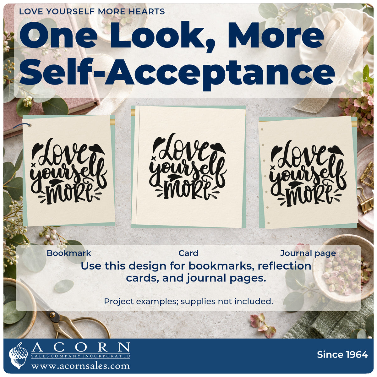Three project examples made with the Love Yourself More Craft Stamp – Self-Inking, including class book sheet.