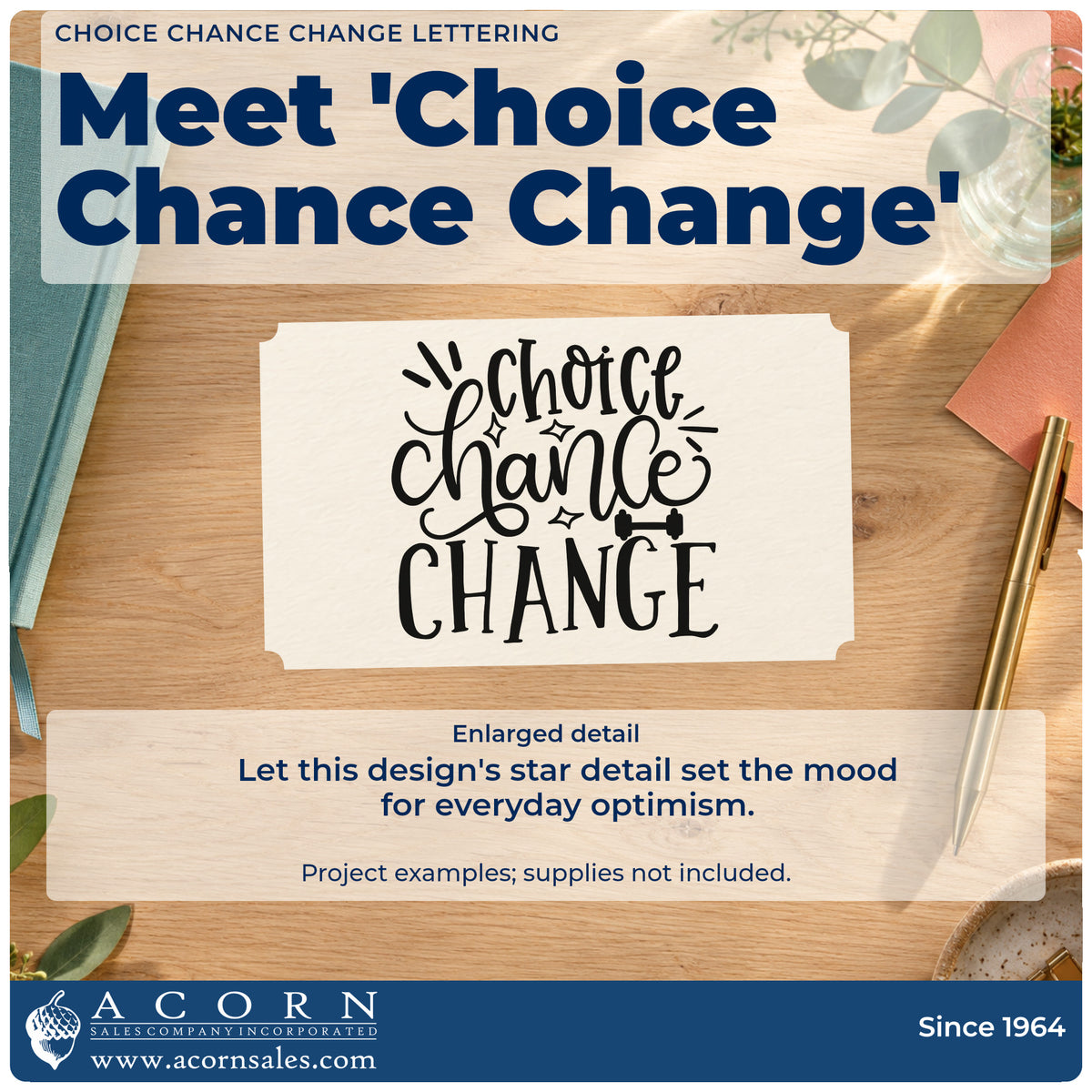 Enlarged detail of the Choice Chance Change Lettering Slim Pre-Inked Stamp imprint. The words "choice chance change" appear in flowing script and tall capitals with rays and small sparkles.