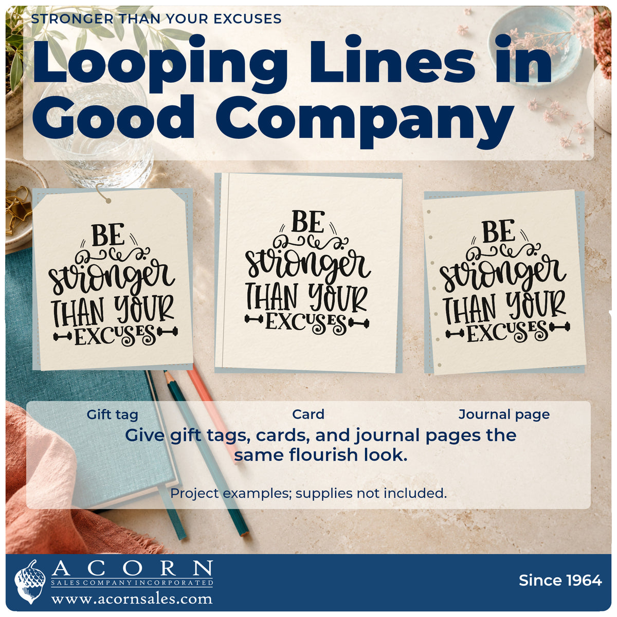 Three project examples made with the Be Stronger Than Your Excuses Slim Pre-Inked Stamp, including week program sheet.