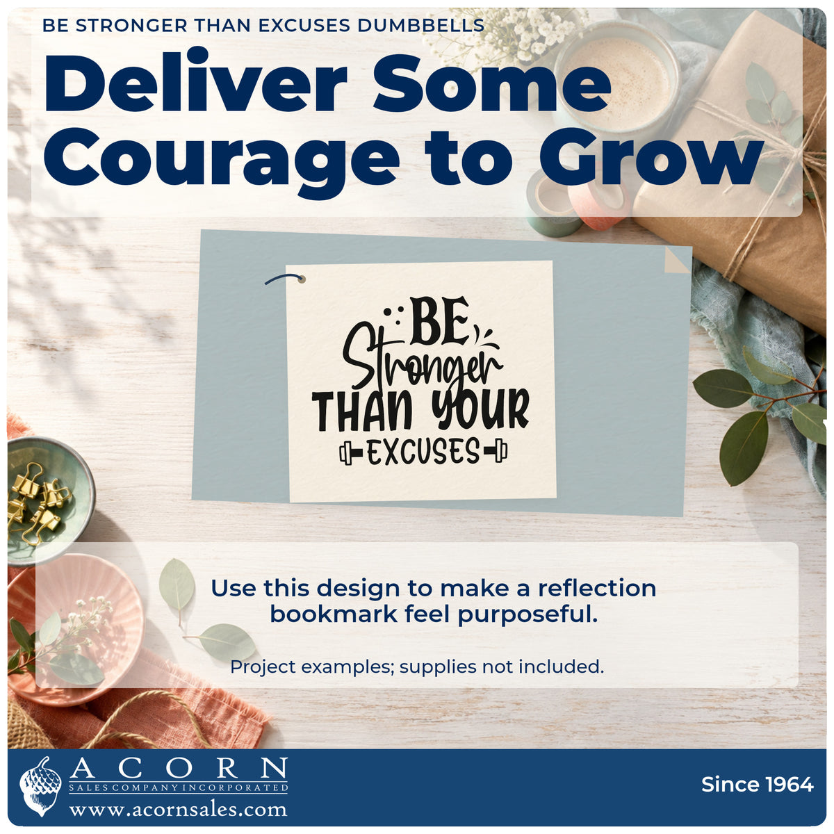 A finished handmade project stamped with the Be Stronger Than Excuses Dumbbells Lettering Rubber Stamp – Wood Handle, ideal for studio album page.