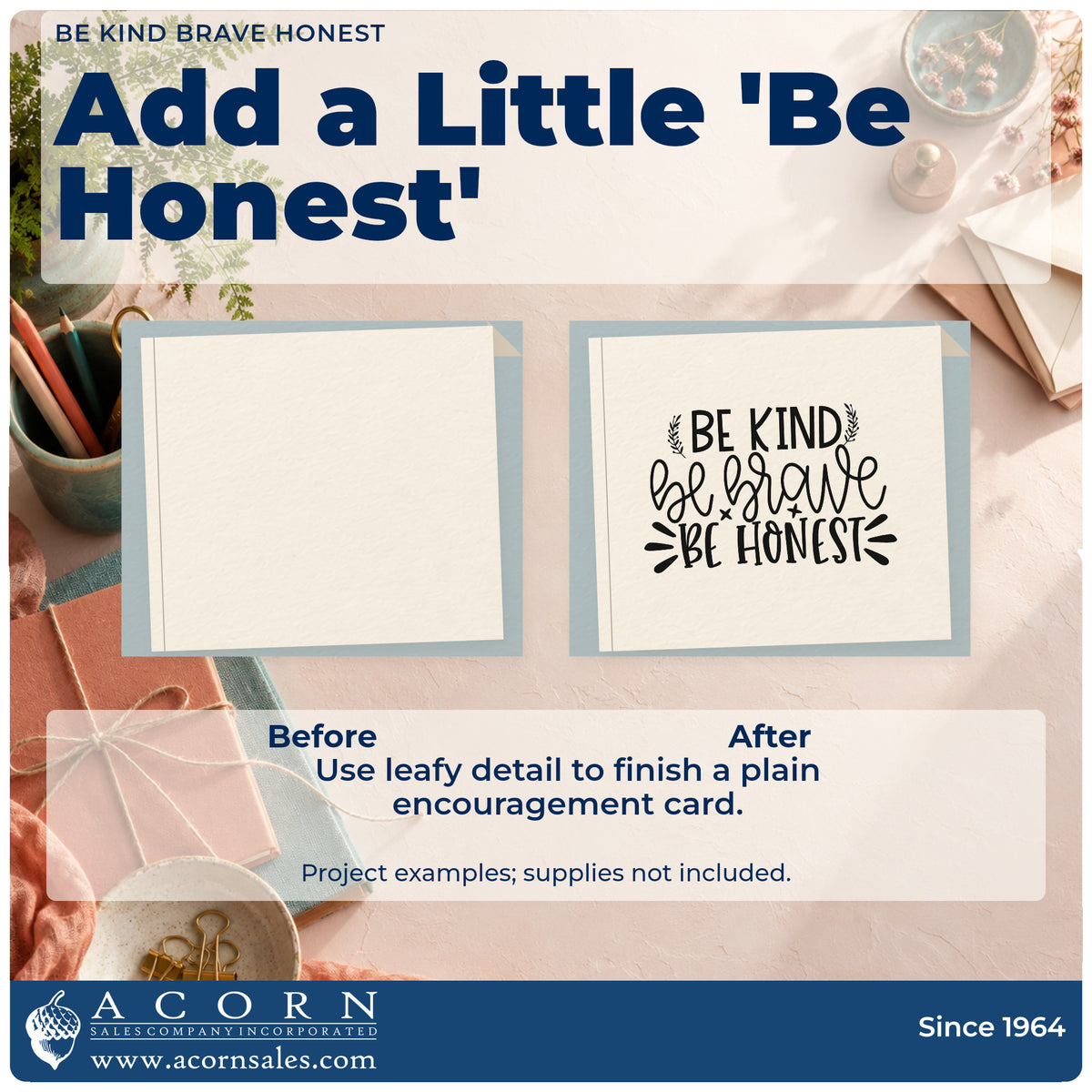 Before and after of a plain item finished with the Be Kind Brave Honest Self-Inking Stamp, a quick upgrade for framed meeting hall.