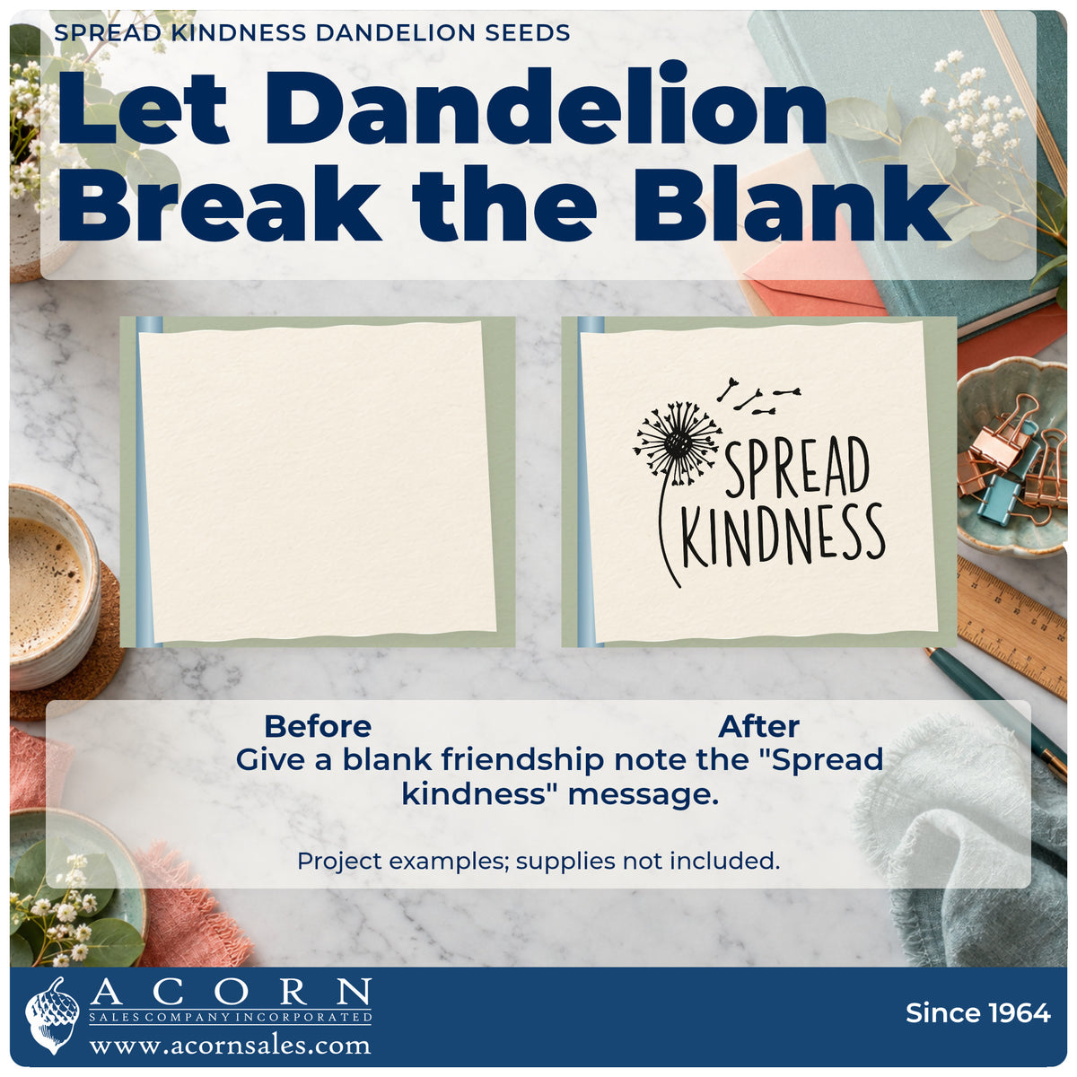 Before and after of a plain item finished with the Spread Kindness Dandelion Seeds Lettering Slim Pre-Inked Stamp, a quick upgrade for framed garden gate.