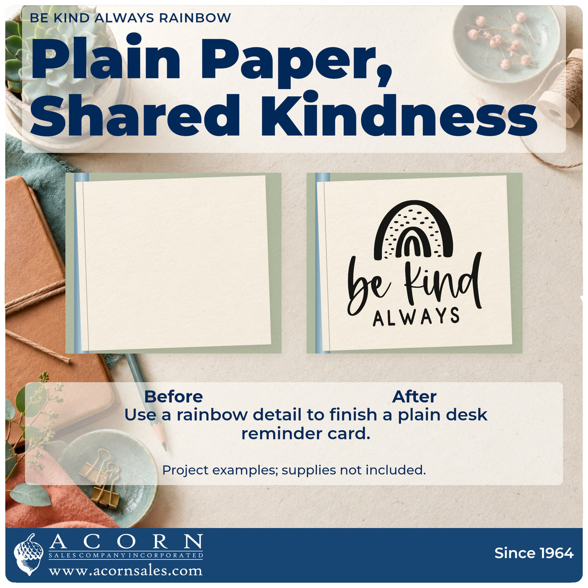 Before and after of a plain item finished with the Self-Inking Be Kind Always Rainbow Stamp, a quick upgrade for framed sign in table.