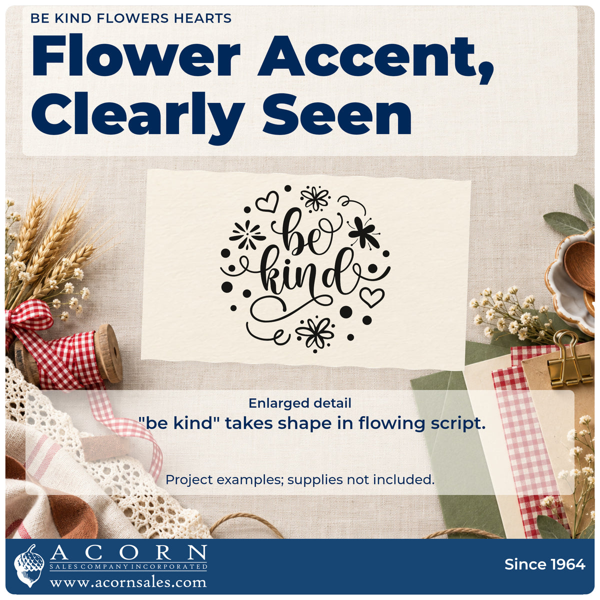 Enlarged detail of the Be Kind Floral Accents Rubber Stamp – Duo Hand imprint. The words "be kind" appear in flowing script surrounded by flowers, hearts, dots, and curls.