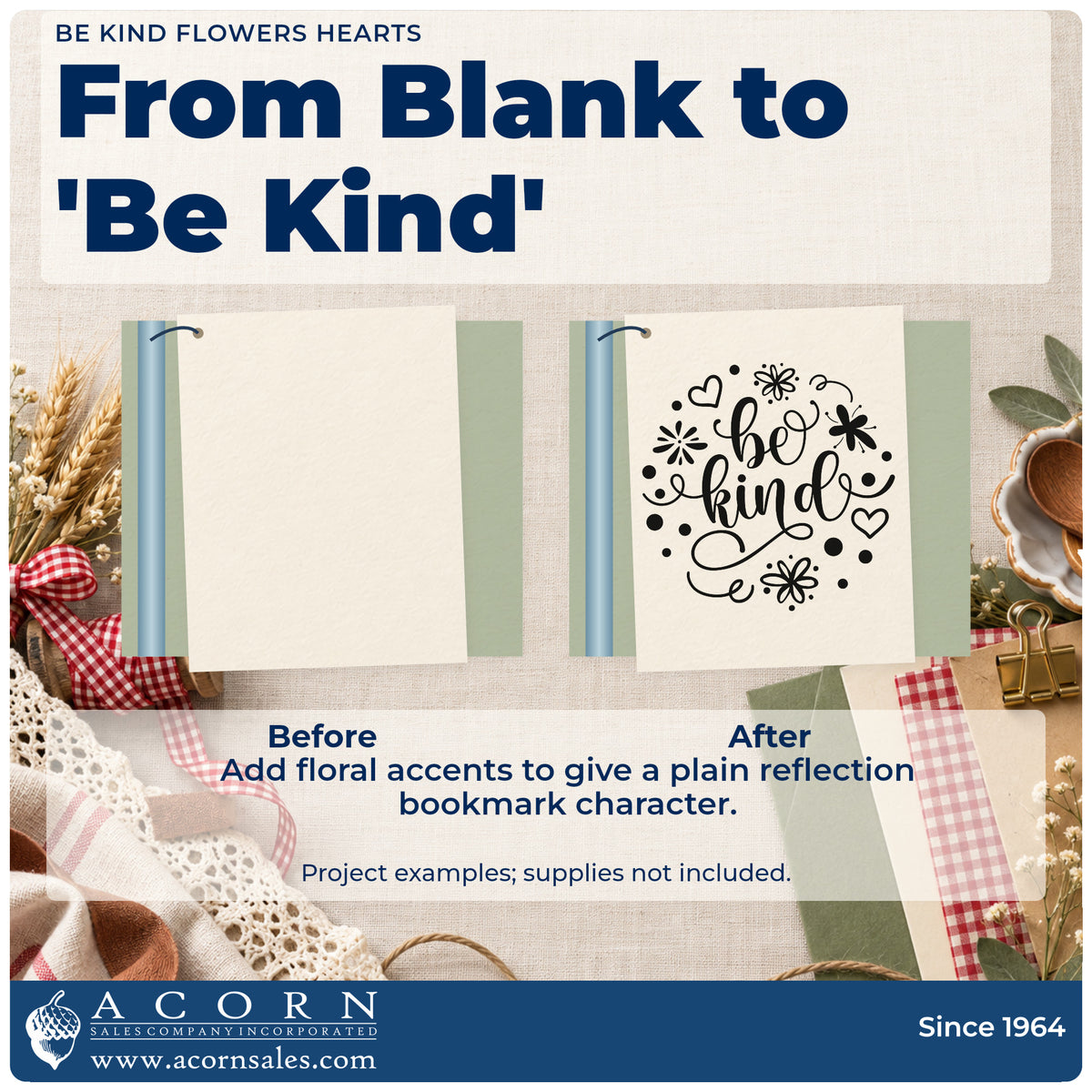 Before and after of a plain item finished with the Be Kind Floral Accents Pre-Inked Stamp – Slim, a quick upgrade for framed greenhouse post.