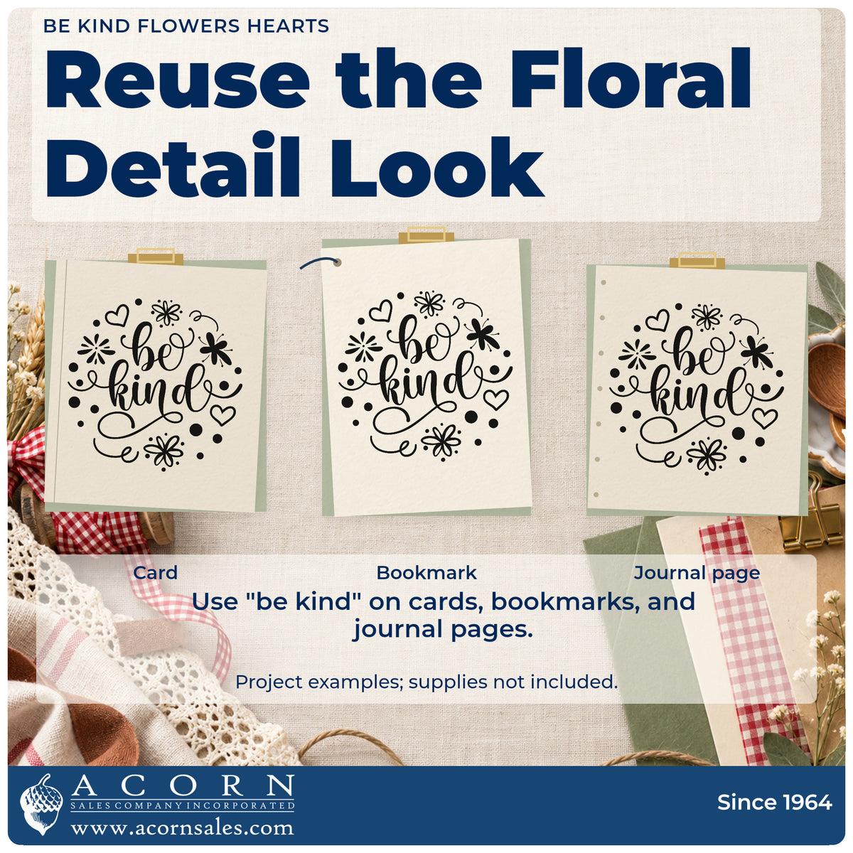 Three project examples made with the Be Kind Floral Accents Rubber Stamp – Duo Hand, including swap signup sheet.