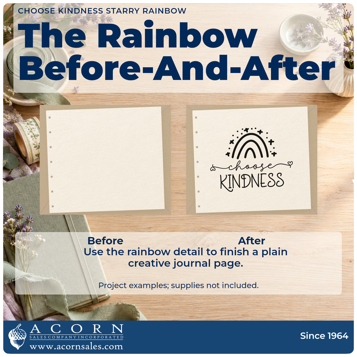 Before and after of a plain item finished with the Choose Kindness Starry Rainbow Wood Handle Stamp, a quick upgrade for framed children room.