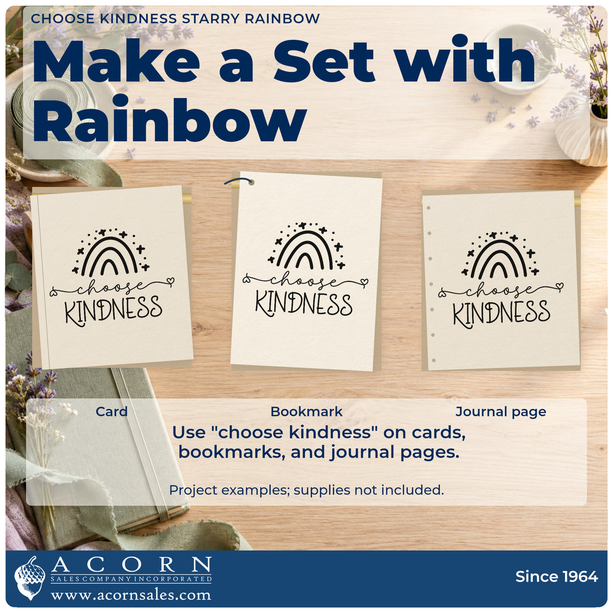 Three project examples made with the Choose Kindness Starry Rainbow Wood Handle Stamp, including weekly theme sheet.