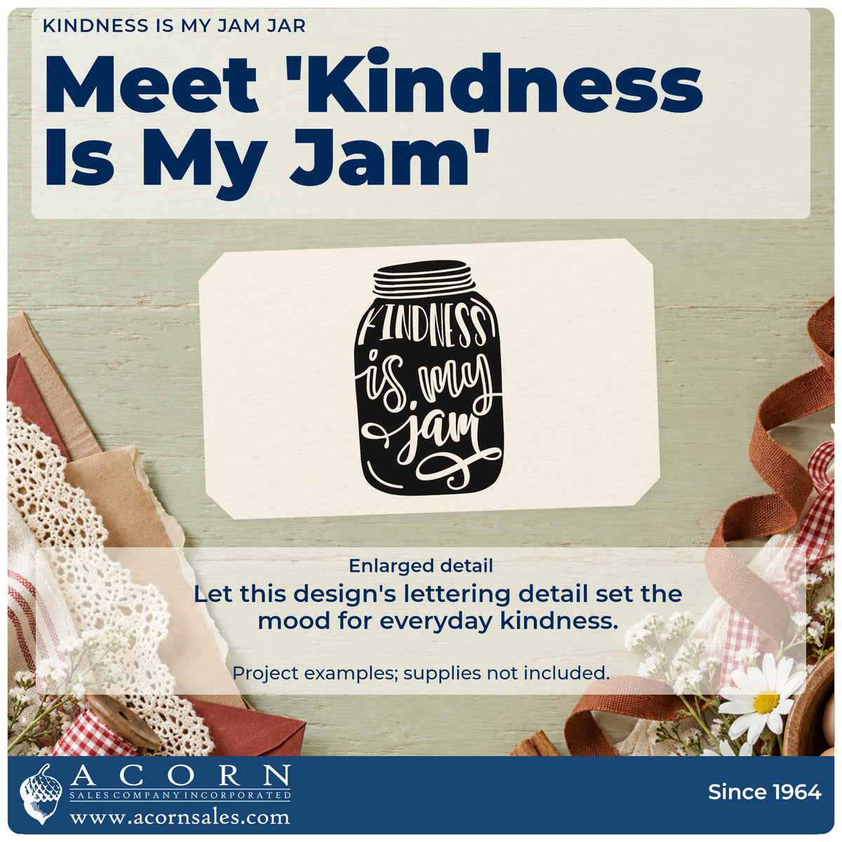 Enlarged detail of the Kindness Is My Jam Jar Lettering Stamp – Slim Pre-Inked imprint. The phrase "Kindness is my jam" appears in light lettering inside a dark illustrated mason jar.