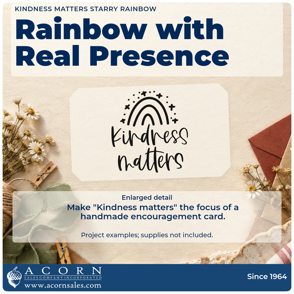 Enlarged detail of the Kindness Matters Starry Rainbow Pre-Inked Stamp – PSI imprint. A rainbow with surrounding sparkles appears above the words "Kindness matters."