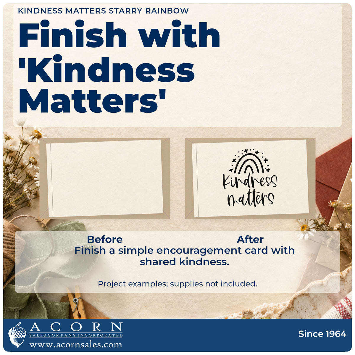 Before and after of a plain item finished with the Kindness Matters Starry Rainbow Pre-Inked Stamp – PSI, a quick upgrade for framed club house.