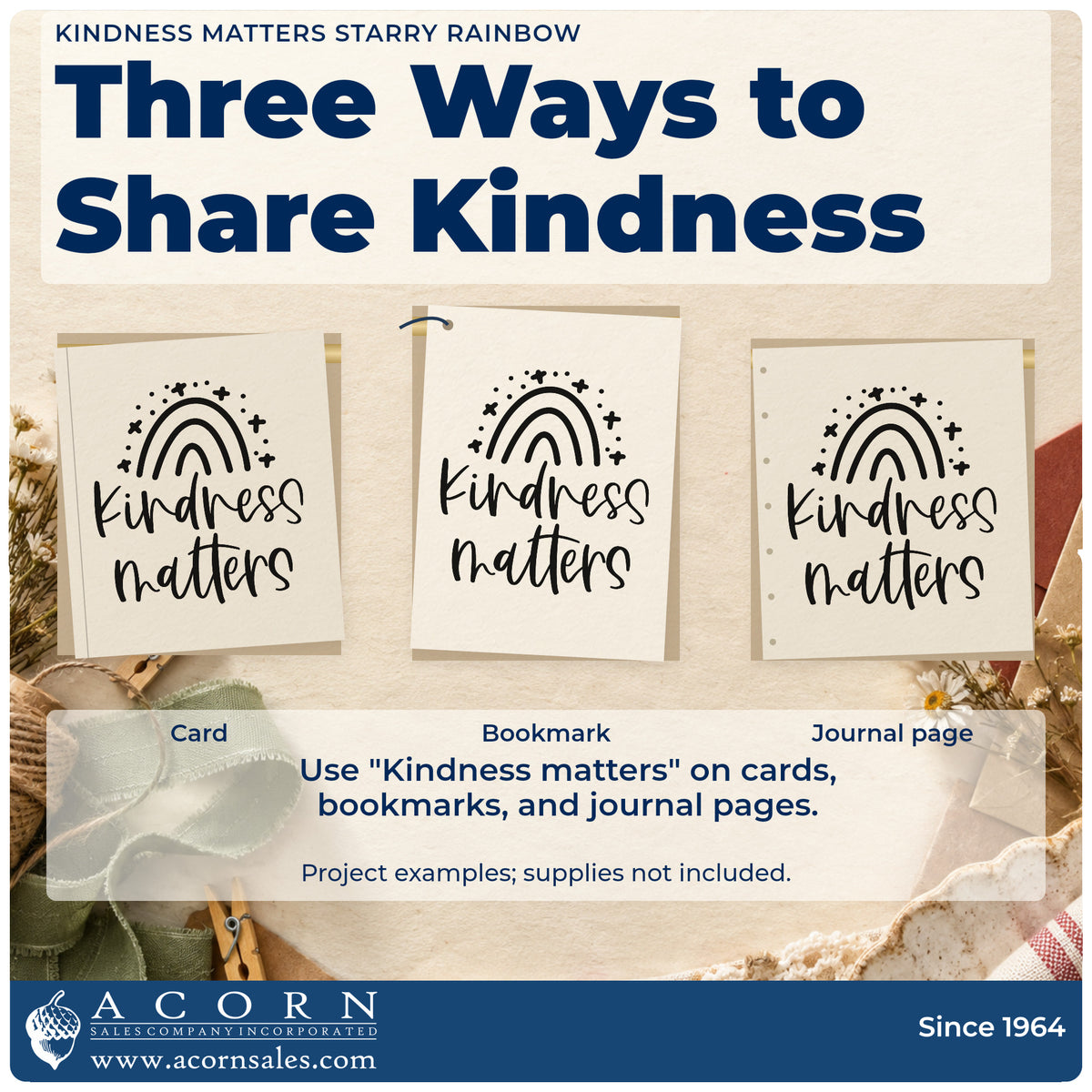Three project examples made with the Kindness Matters Starry Rainbow Self-Inking Stamp, including snack rota sheet.