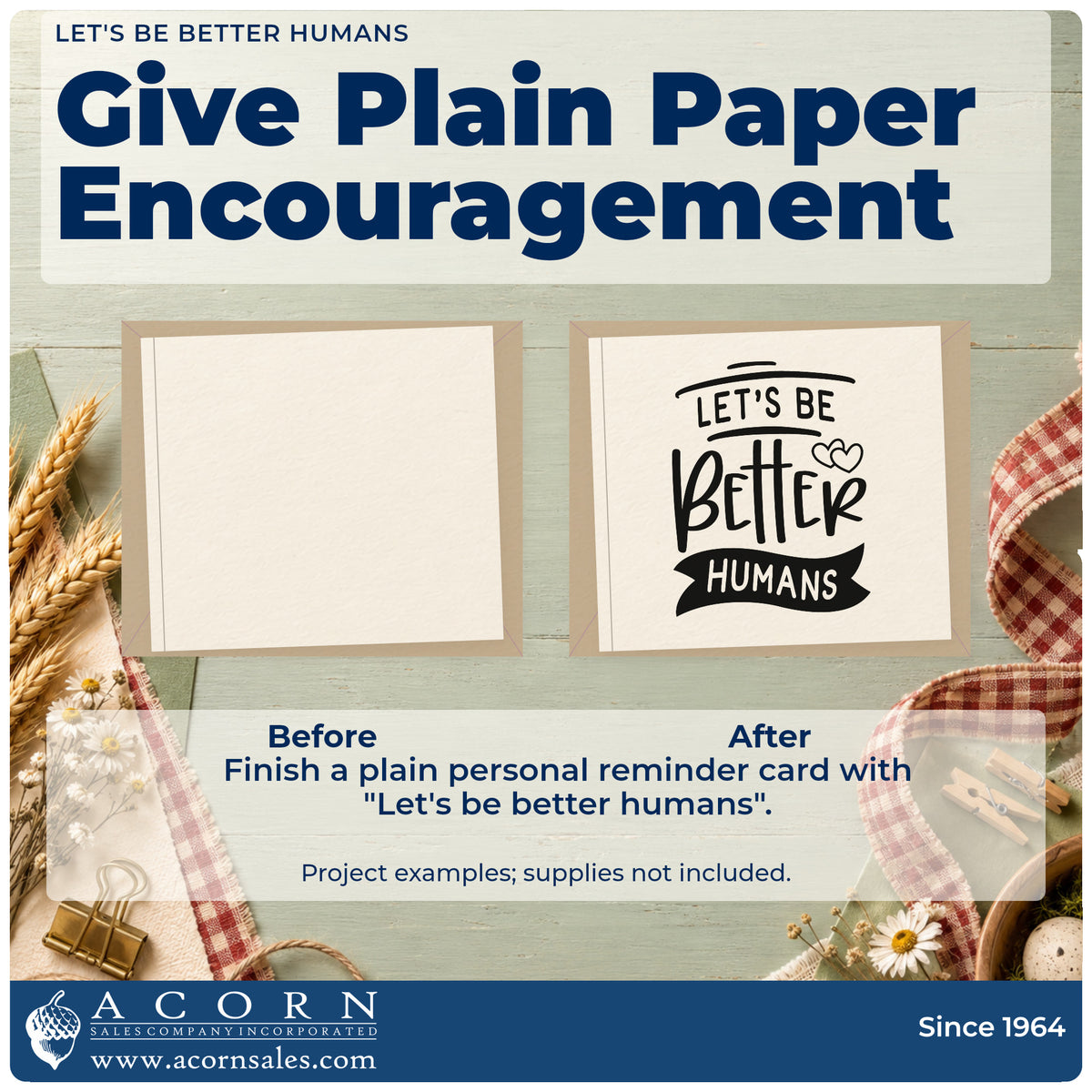 Before and after of a plain item finished with the Let's Be Better Humans Self-Inking Stamp, a quick upgrade for framed break room.