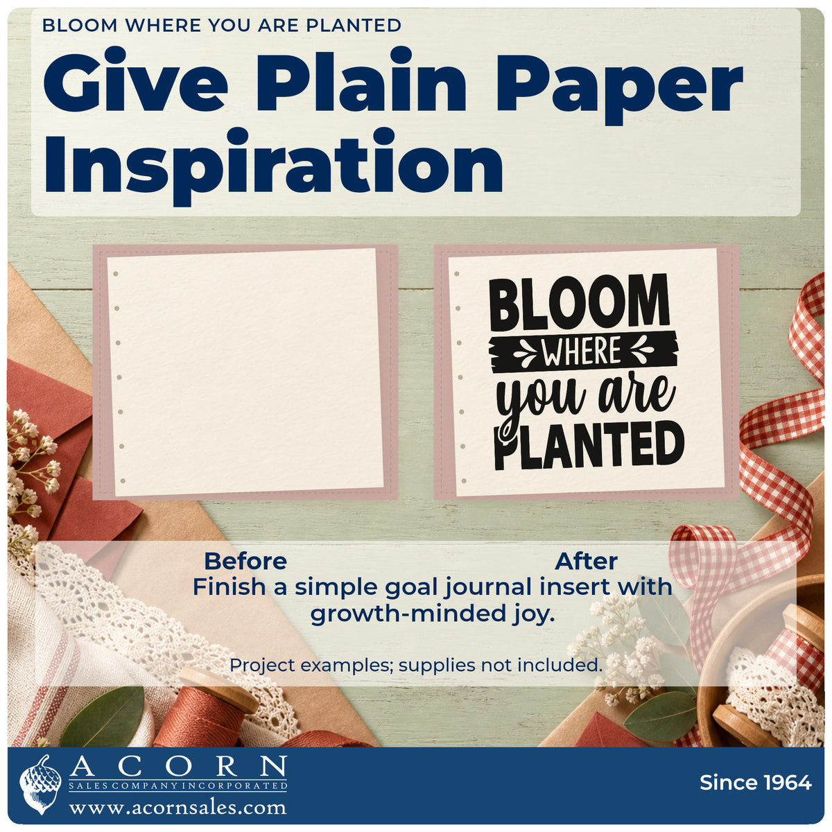 Before and after of a plain item finished with the Bloom Where You Are Planted Botanical Lettering Self-Inking Stamp, a quick upgrade for framed shop bench.