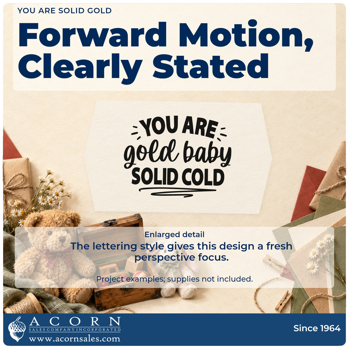 Enlarged detail of the Wood Handle You Are Solid Gold Rubber Stamp imprint. The phrase "You are gold baby solid gold" appears with decorative rays and underlines.