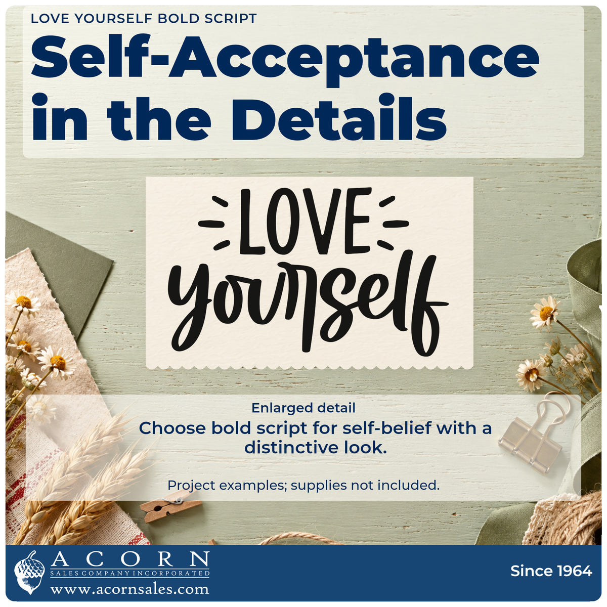 Enlarged detail of the Love Yourself Bold Script Stamp – Wood Handle imprint. The words "Love yourself" appear in capitals and bold brush script with small rays.