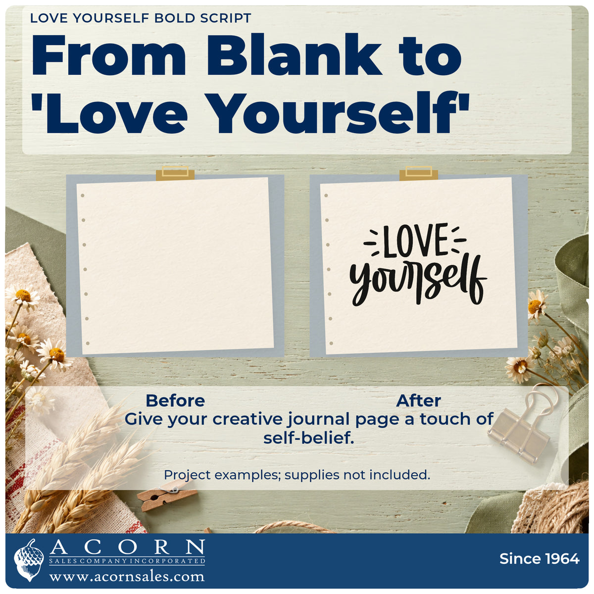 Before and after of a plain item finished with the Love Yourself Bold Script Premium Wooden Stamp – Vintage Pro, a quick upgrade for framed cure shelf.