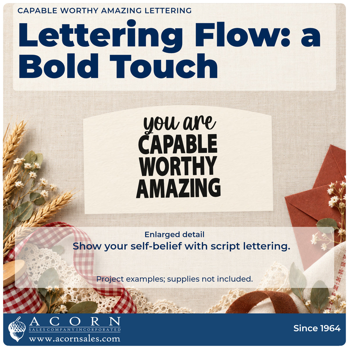 Enlarged detail of the Slim Pre-Inked You Are Capable Worthy Amazing Stamp imprint. The words "you are capable worthy amazing" appear in script above three bold capital lines.