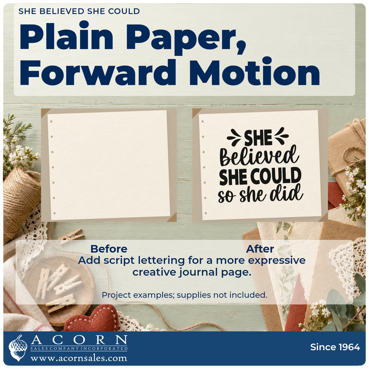 Before and after of a plain item finished with the She Believed She Could So She Did Pre-Inked Stamp – PSI, a quick upgrade for framed meeting space.