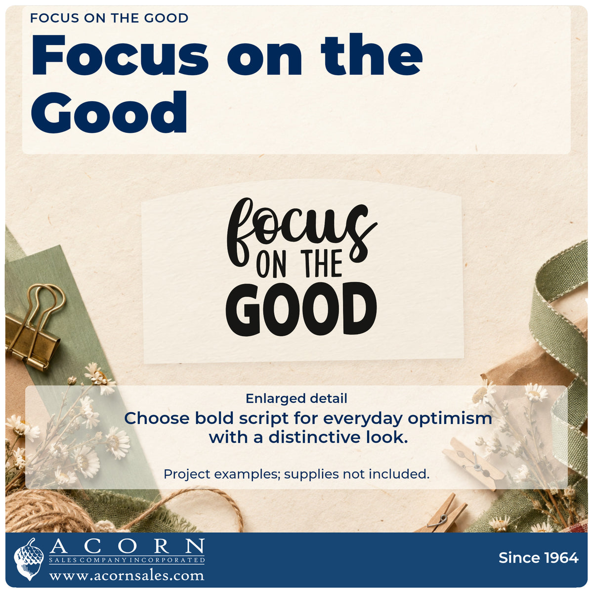 Enlarged detail of the Focus On The Good Stamp – Duo Hand imprint. The words "focus on the good" combine large brush script with bold capitals.
