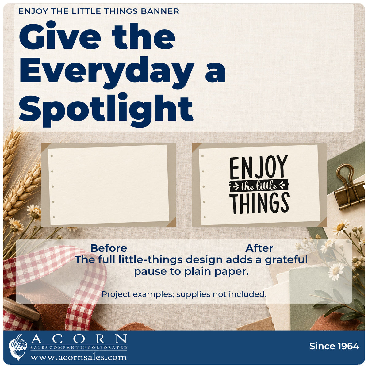 Before and after of a plain item finished with the Enjoy The Little Things Leaf Accents Pre-Inked Stamp – Slim, a quick upgrade for framed kitchen window.