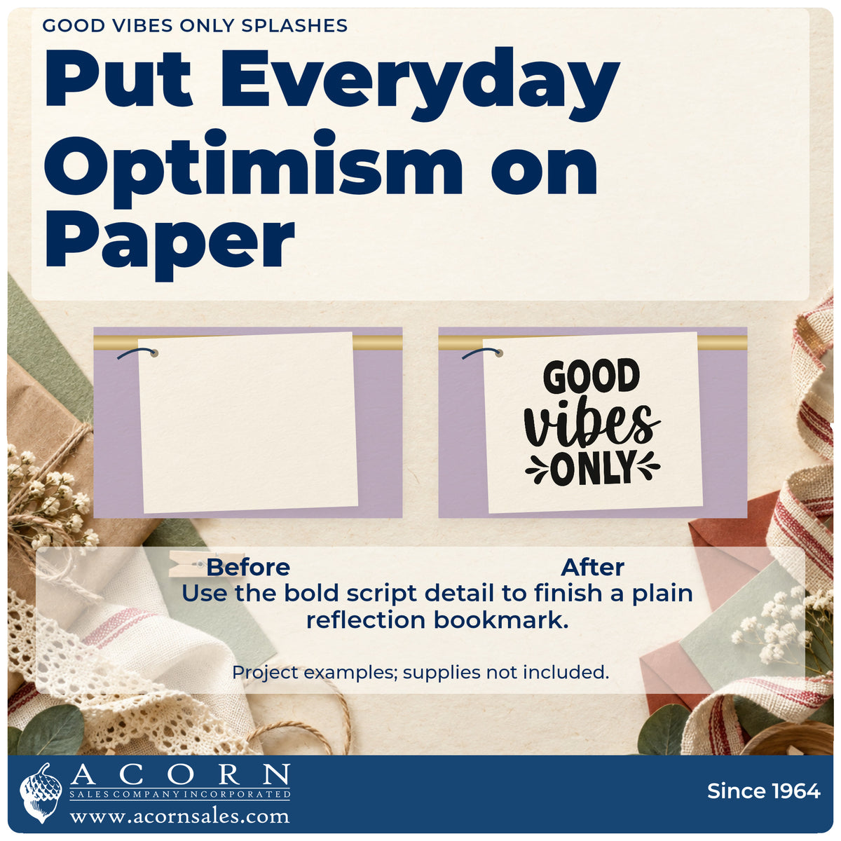 Before and after of a plain item finished with the Good Vibes Only Splashes Script Lettering Stamp – Slim Pre-Inked, a quick upgrade for framed prep galley.