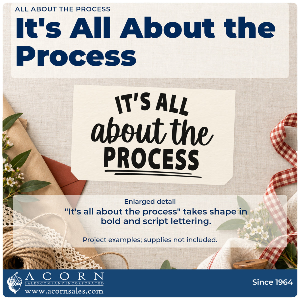 Enlarged detail of the It's All About The Process Pre-Inked Stamp – PSI imprint. The phrase "It's all about the process" combines bold capitals and script with underlines.