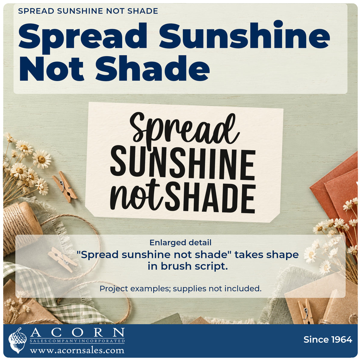 Enlarged detail of the Spread Sunshine Not Shade Compact Pre-Inked Stamp – Slim imprint. The words "Spread sunshine not shade" alternate brush script and bold capitals.