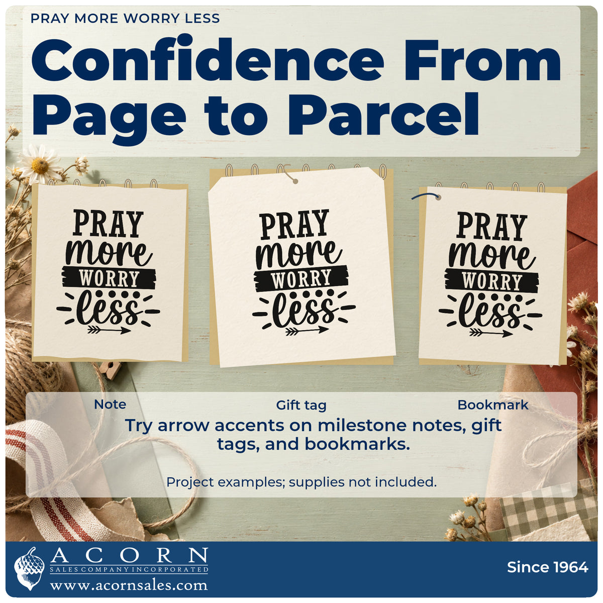 Three project examples made with the Pray More Worry Less Arrow Motif Slim Pre-Inked Stamp, including meeting plan sheet.