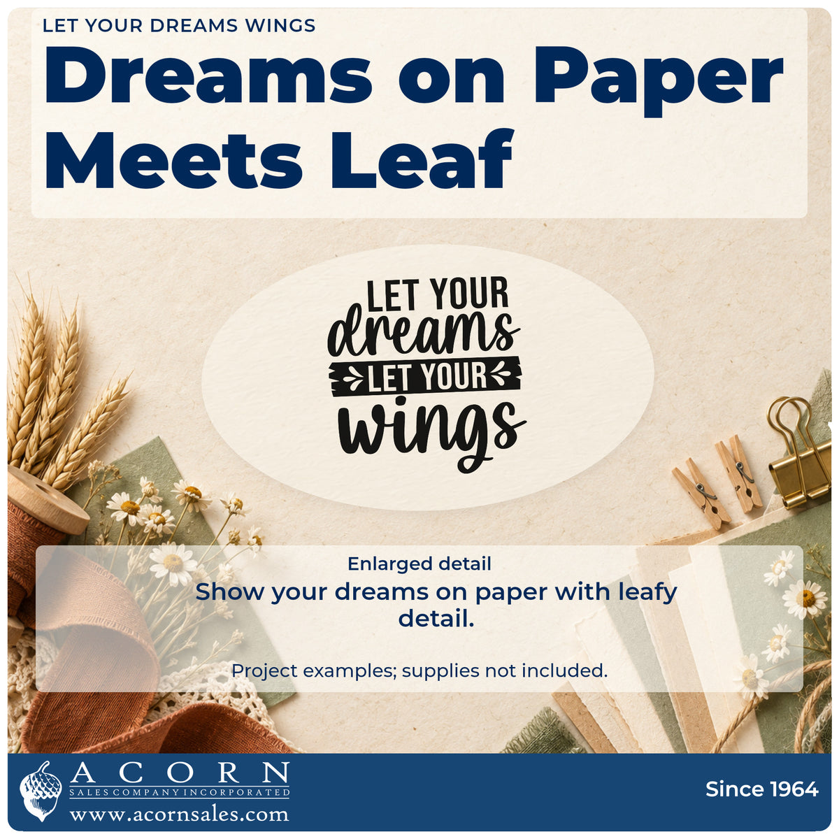 Enlarged detail of the Let Your Dreams Leafy Banner Rubber Stamp – Duo Hand imprint. The visible words "Let your dreams let your wings" appear in mixed lettering with a dark leafy banner.