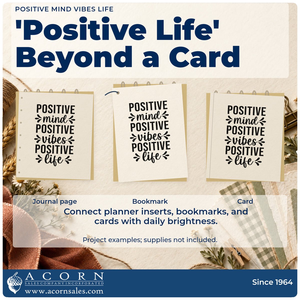 Three project examples made with the Positive Mind Vibes Life Leaf Accents Wood-Mounted Rubber Stamp, including week menu sheet.