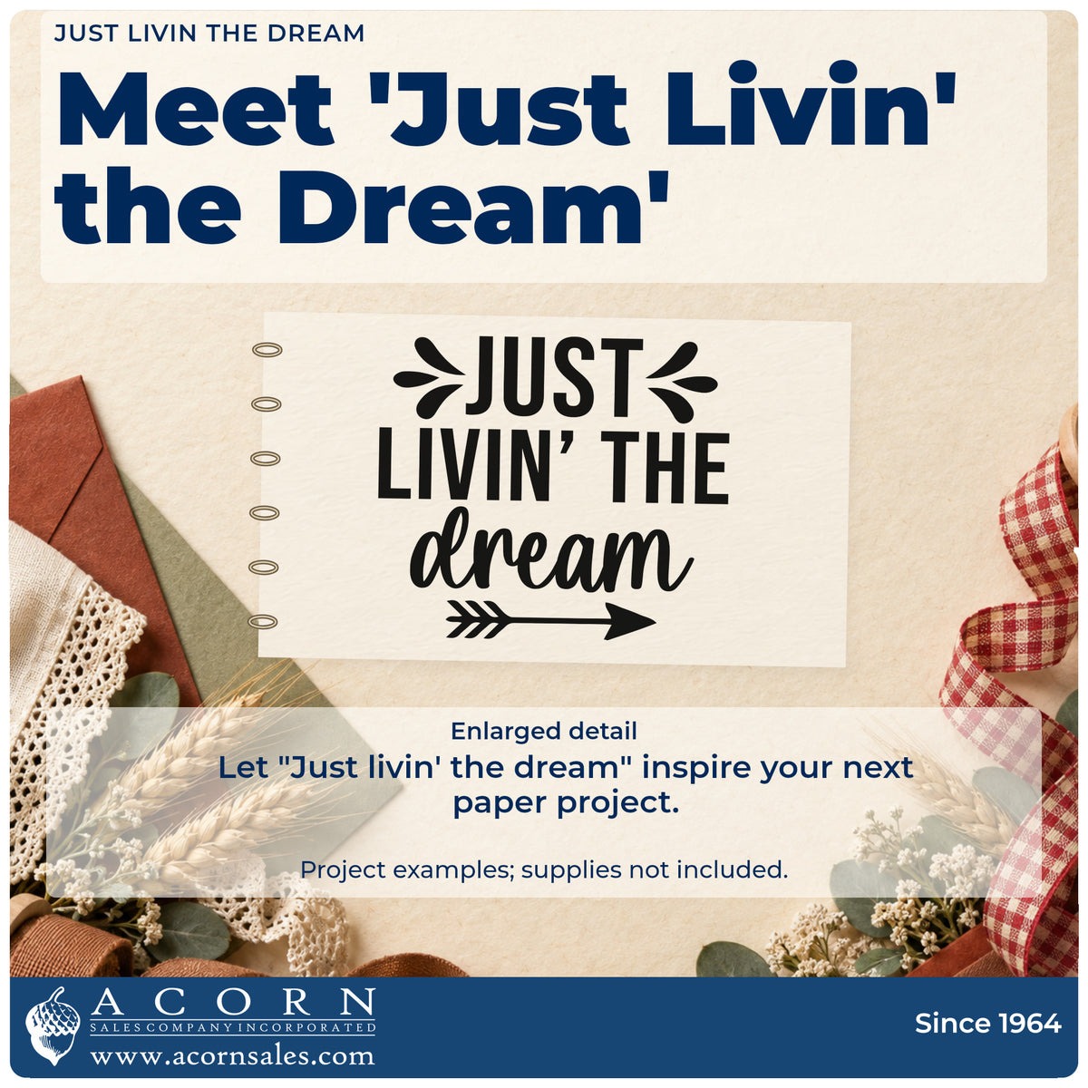 Enlarged detail of the Just Livin The Dream Slim Pre-Inked Stamp imprint. The words "Just livin' the dream" appear with decorative splashes and a right-pointing arrow.
