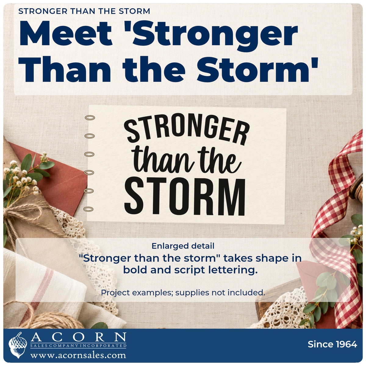 Enlarged detail of the Stronger Than The Storm Arch Rubber Stamp – Wood Handle imprint. The words "Stronger than the storm" combine arched capitals, script, and bold block letters.
