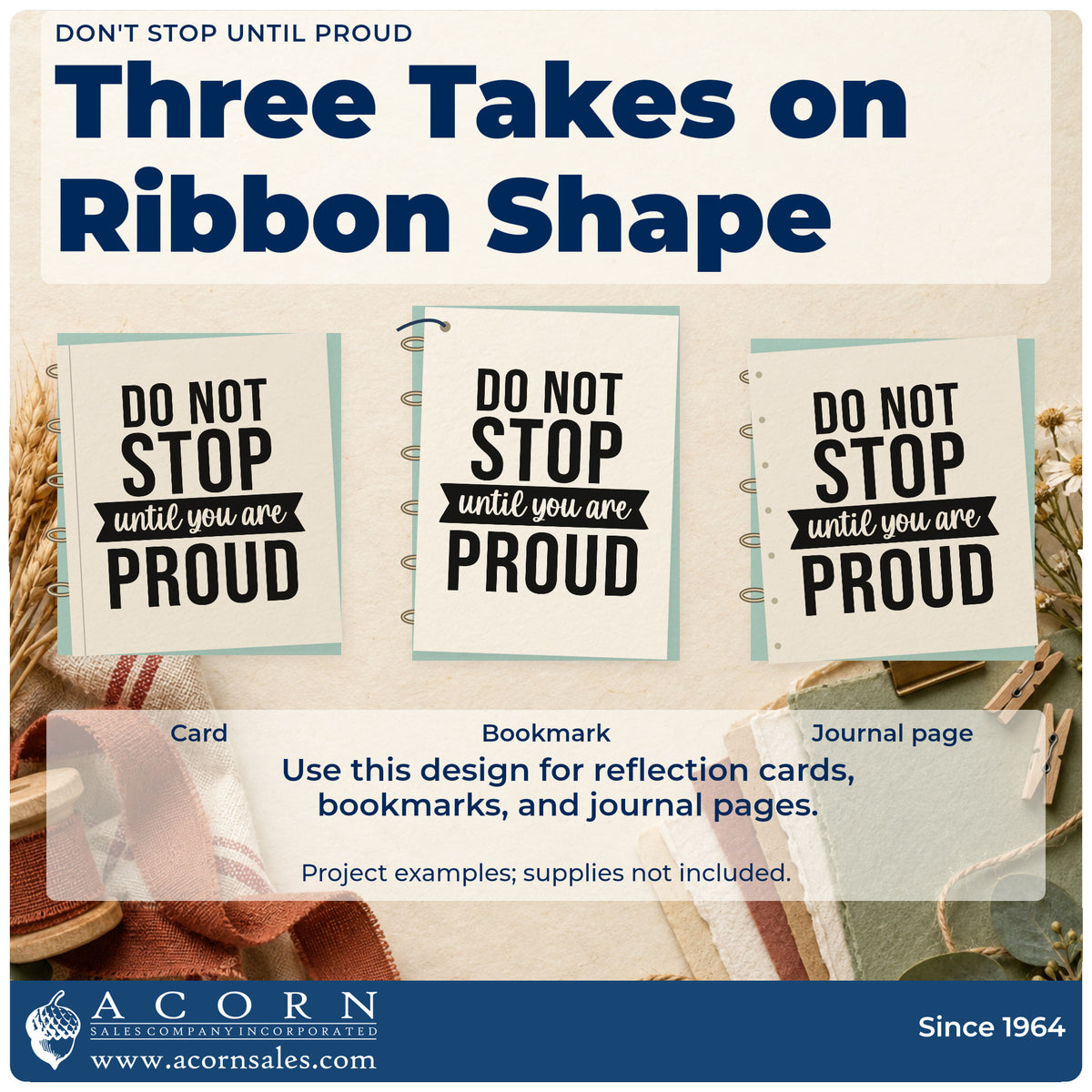 Three project examples made with the Don't Stop Until Proud Ribbon Lettering Hand Stamp – Duo, including trial bake sheet.