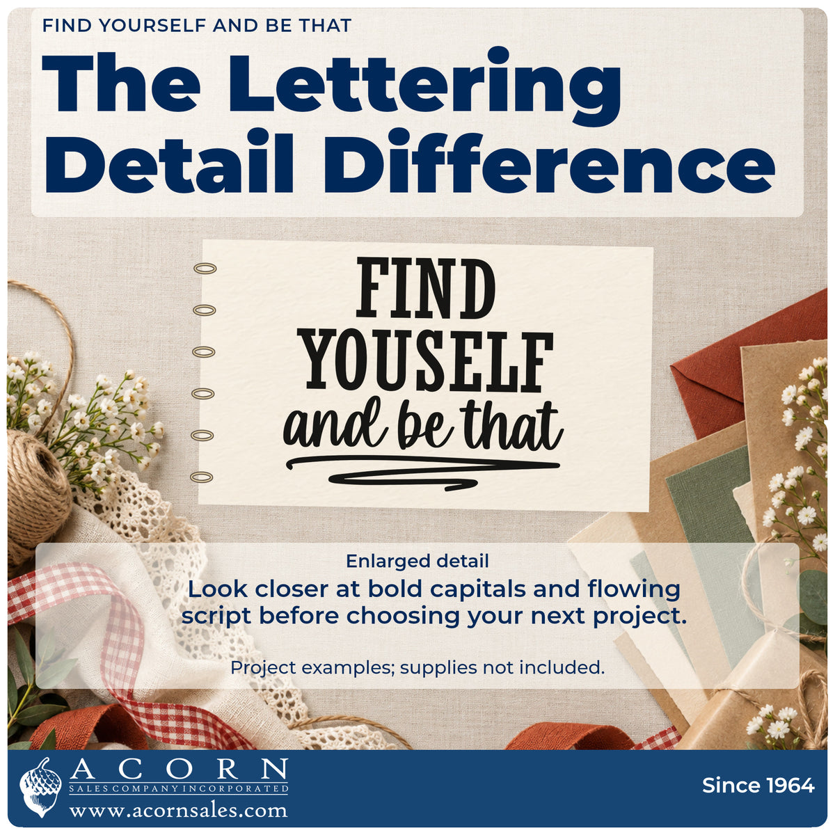 Enlarged detail of the Find Yourself And Be That Self-Inking Stamp imprint. The words "Find yourself and be that" appear in capitals and script above rough underlines.