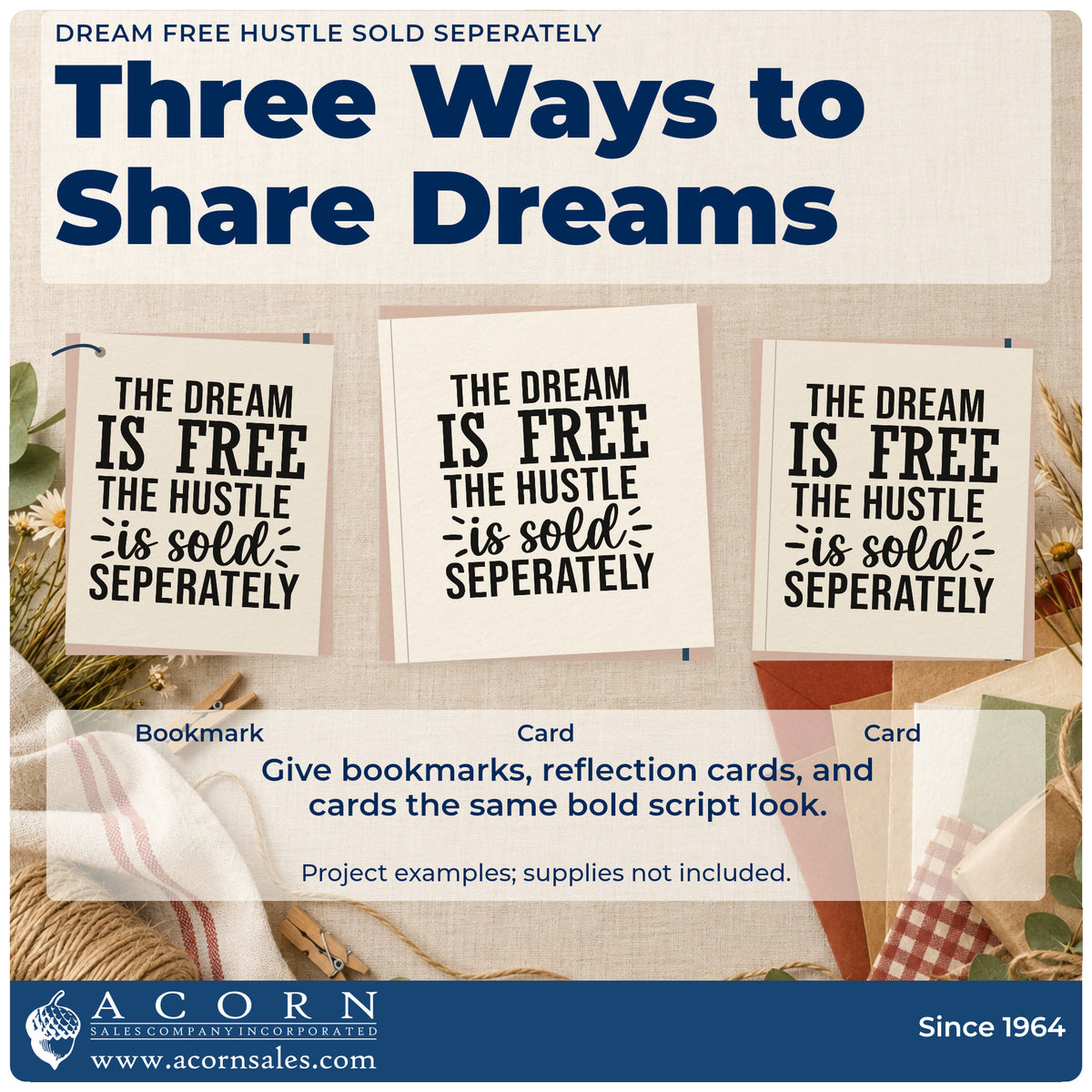 Three project examples made with the Dream And Hustle Mixed Lettering Self-Inking Stamp, including evening work sheet.