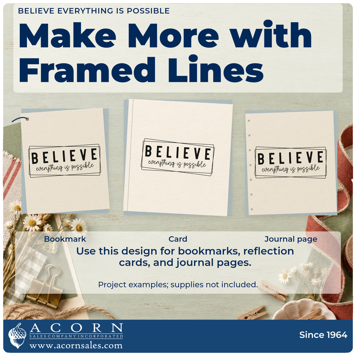 Three project examples made with the Believe Everything Is Possible Frame Hand Stamp – Duo, including deadline track sheet.