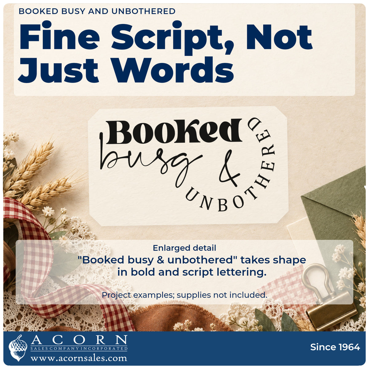 Enlarged detail of the Booked Busy And Unbothered Slim Pre-Inked Stamp imprint. The words "Booked busy & unbothered" combine bold letters and fine script in a curved arrangement.
