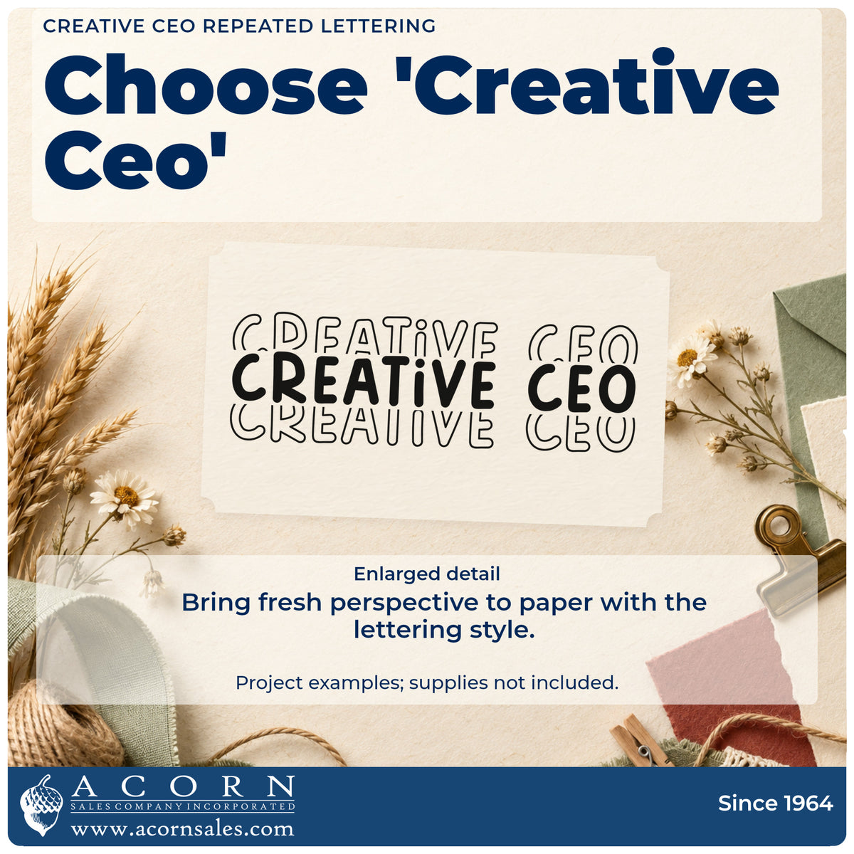 Enlarged detail of the Creative CEO Repeated Word Art Stamp – Self-Inking imprint. The words "Creative CEO" repeat in three stacked rows, with an emphasized solid middle row between outlined rows.