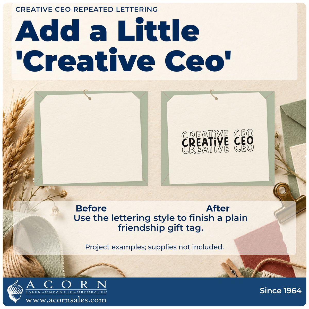 Before and after of a plain item finished with the Creative CEO Repeated Word Art Stamp – Self-Inking, a quick upgrade for framed press room.