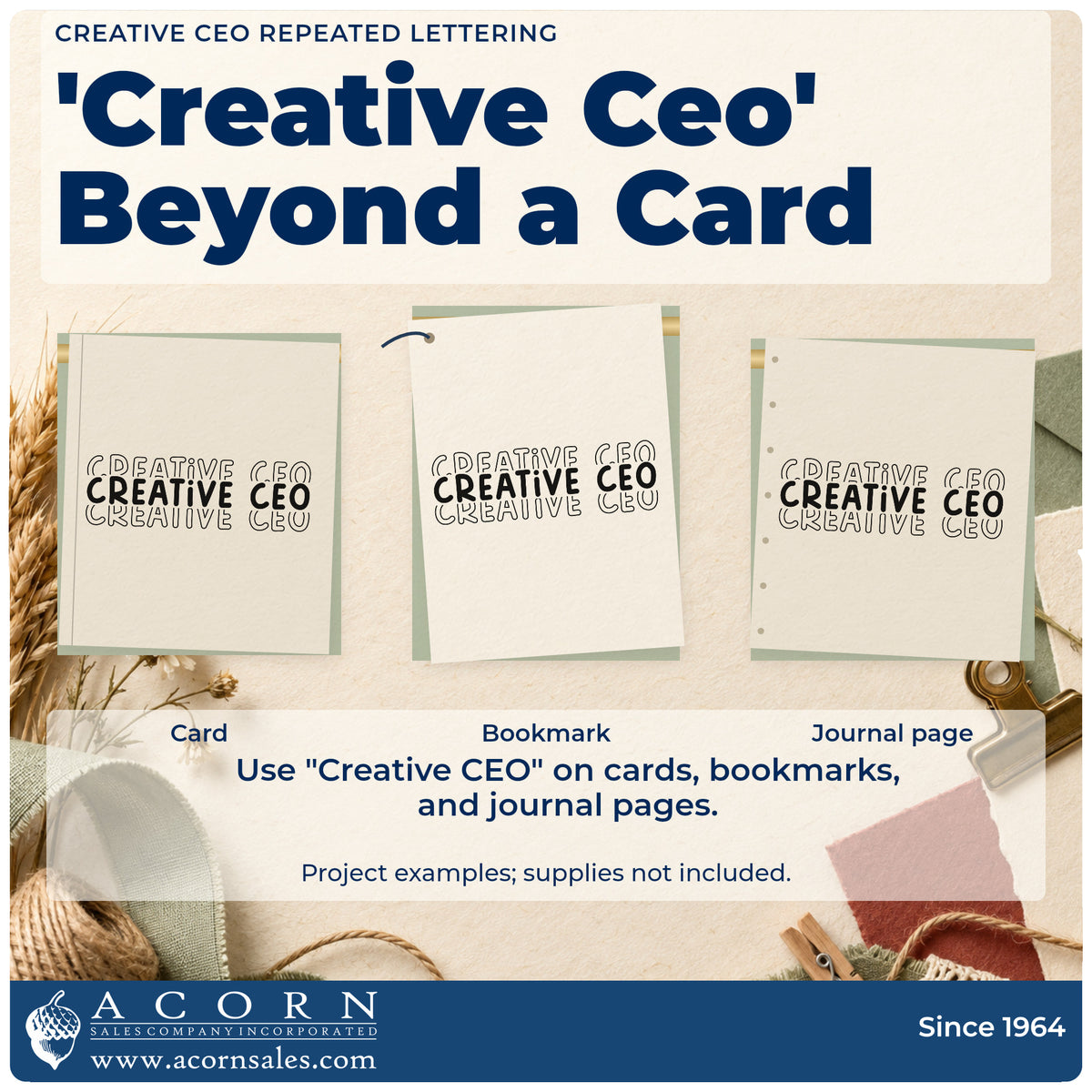 Three project examples made with the Creative CEO Repeated Word Art Rubber Stamp – Wood Handle, including print run sheet.