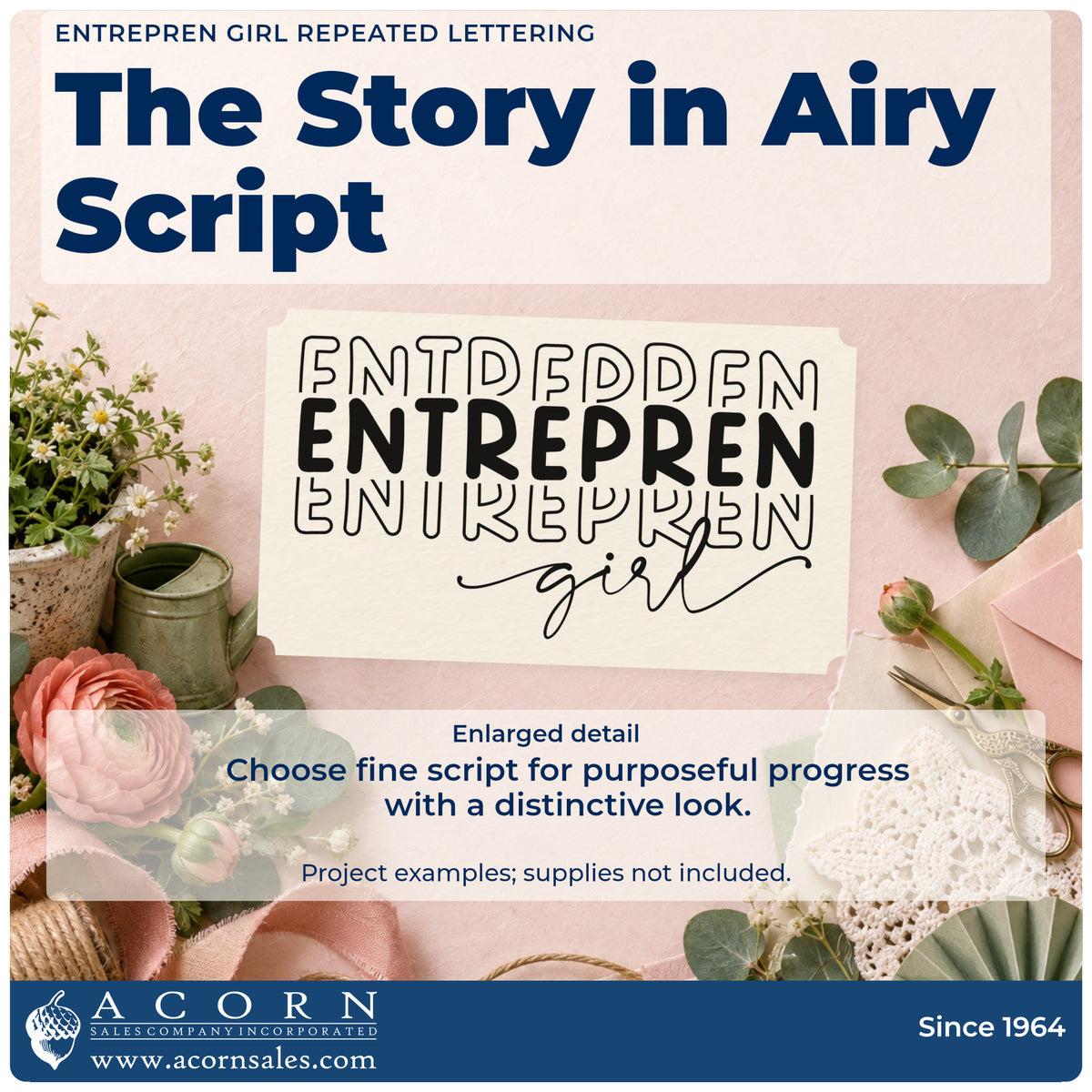 Enlarged detail of the Girl Script With Repeated Outlined Letters Wood Handle Stamp imprint. The truncated word "ENTREPREN" repeats in outlined and bold capitals above the thin script word "girl."