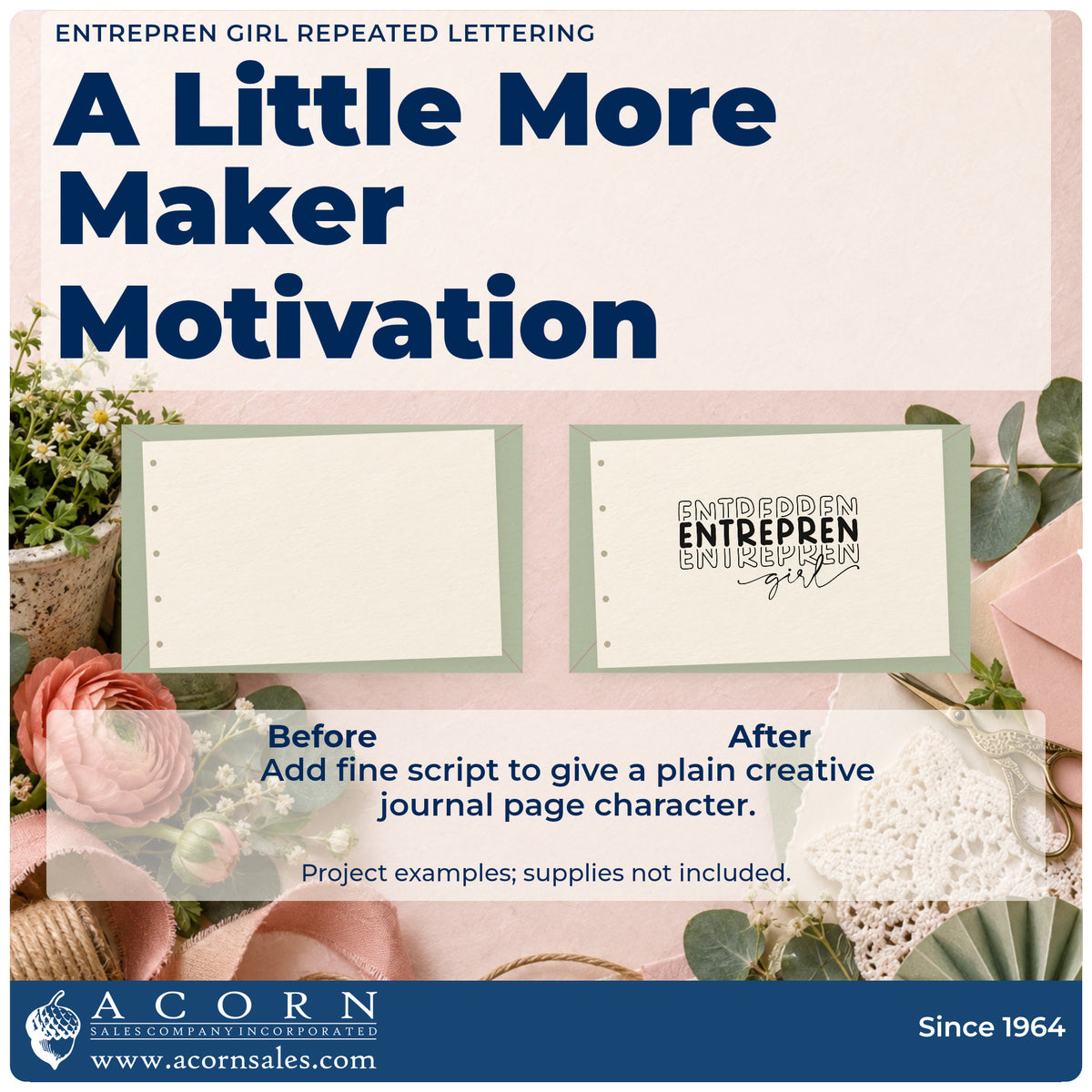 Before and after of a plain item finished with the Girl Script With Repeated Outlined Letters Self-Inking Craft Stamp, a quick upgrade for framed packing room.